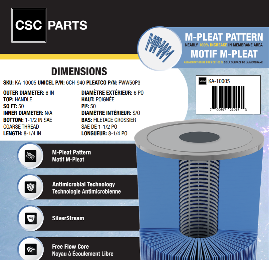 50 sqft 6CH-940 Antimicrobial Filter Cartridge ft. M-Pleat Design