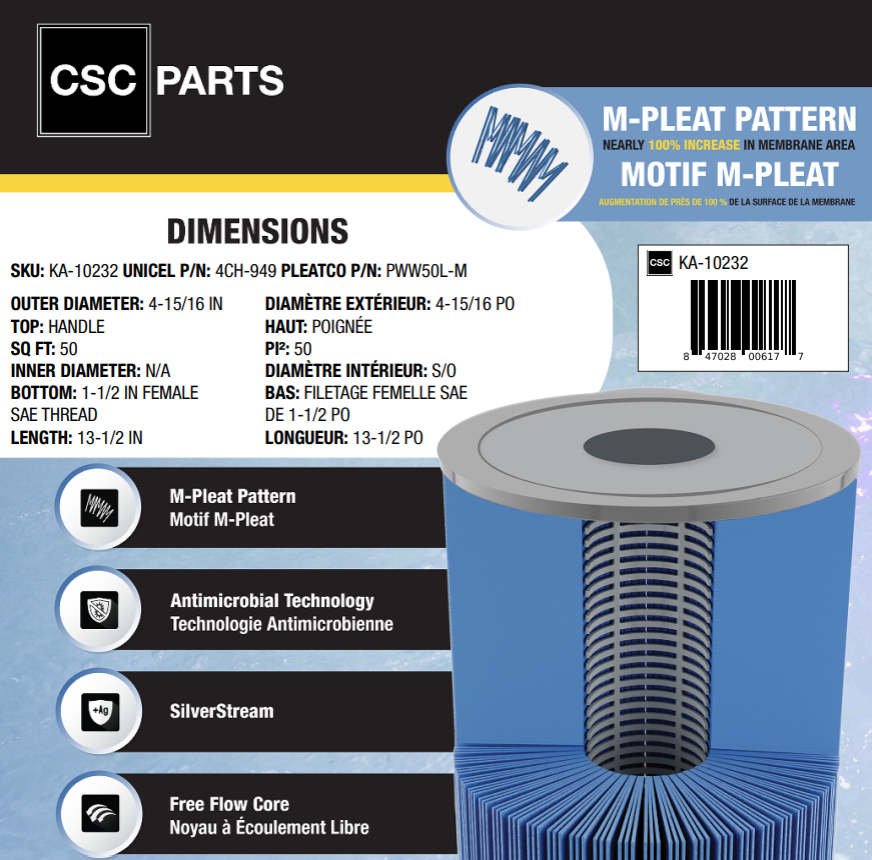 50 sqft 4CH-949 Antimicrobial Filter Cartridge ft. M-Pleat Design
