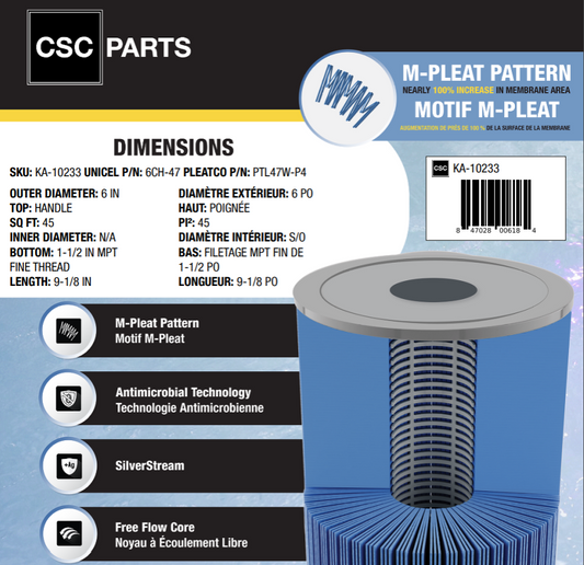 45 sqft 6CH-47 Antimicrobial Filter Cartridge ft. M-Pleat Design