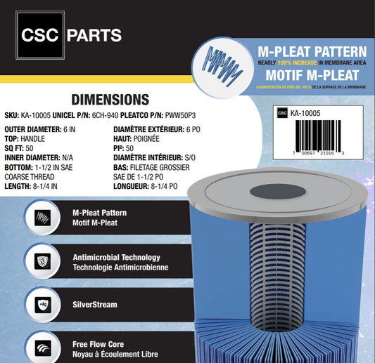 50 sqft 6CH-940 Antimicrobial Filter Cartridge ft. M-Pleat Design