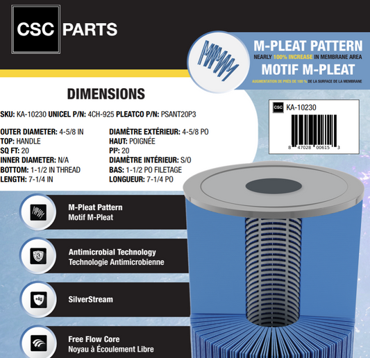 20 sqft 4CH-925 Antimicrobial Filter Cartridge ft. M-Pleat Design