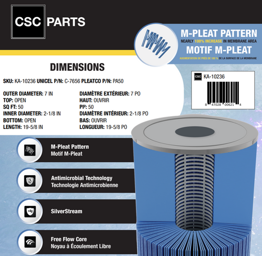 50 sqft C-7656 Antimicrobial Filter Cartridge ft. M-Pleat Design